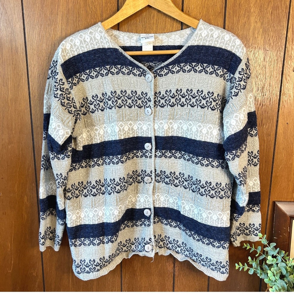Whitefish Bay‎ Fisherman Cardigan Sweater Womens Knit Striped Button Front